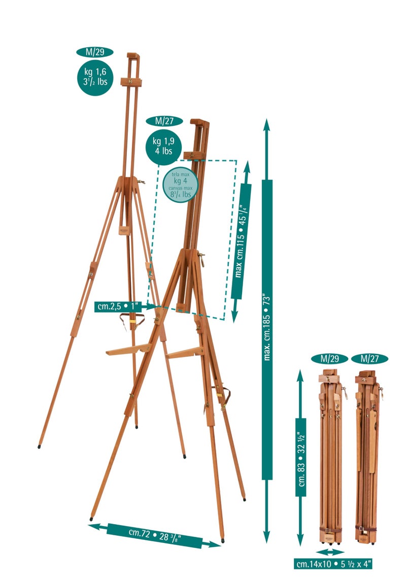 Mabef M29 Tripod Field Easel â€“ Lightweight Oiled Beech Wood Portable Easel for Oil, Acrylic, Watercolor and Pastel Painting, Adjustable Canvas Holder for Indoor & Outdoor